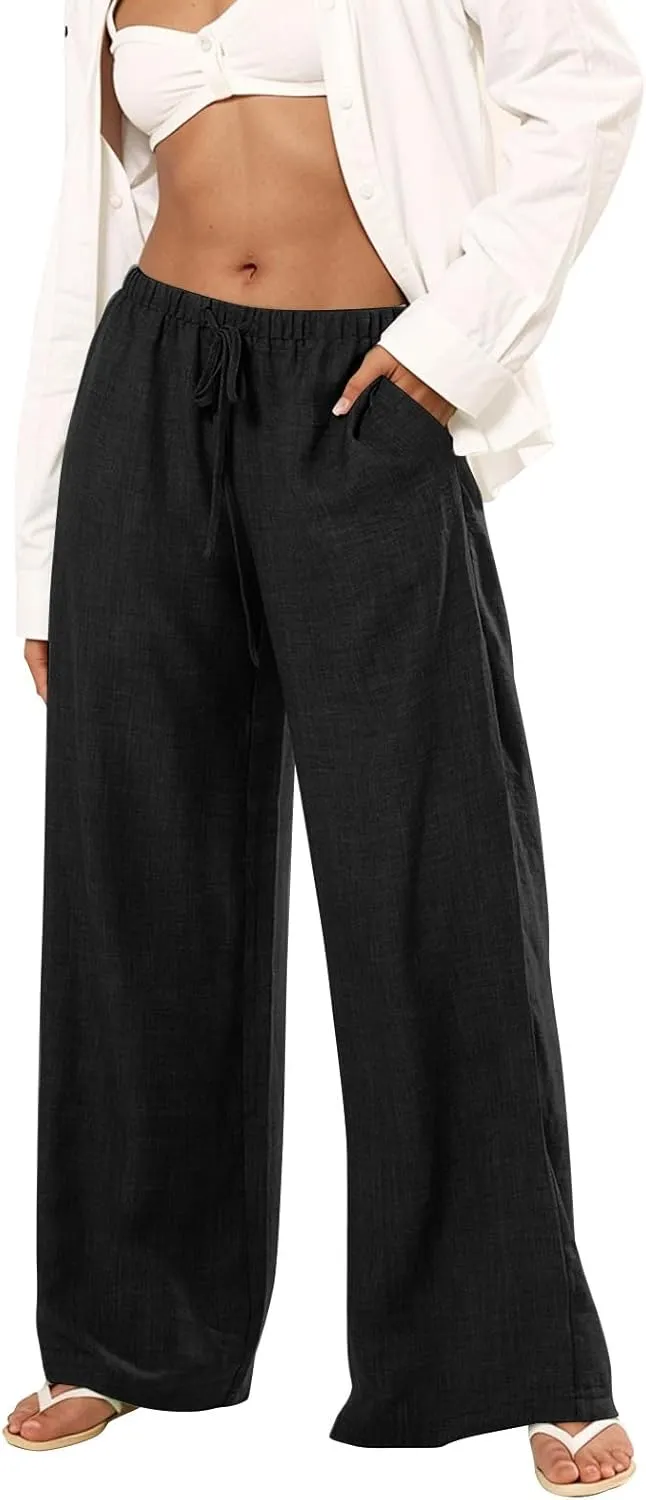 Women's Flowy Wide Leg Linen Pants Casual Beach Pants Elastic Waisted Drawstring Palazzo Trousers with Pockets