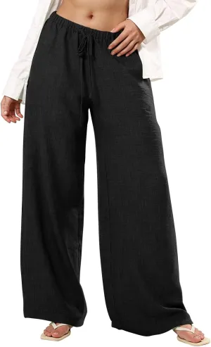 Women's Flowy Wide Leg Linen Pants Casual Beach Pants Elastic Waisted Drawstring Palazzo Trousers with Pockets