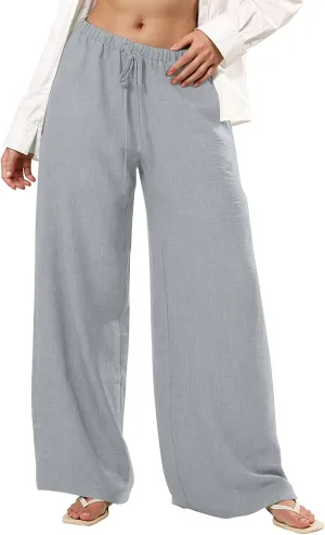 Women's Flowy Wide Leg Linen Pants Casual Beach Pants Elastic Waisted Drawstring Palazzo Trousers with Pockets