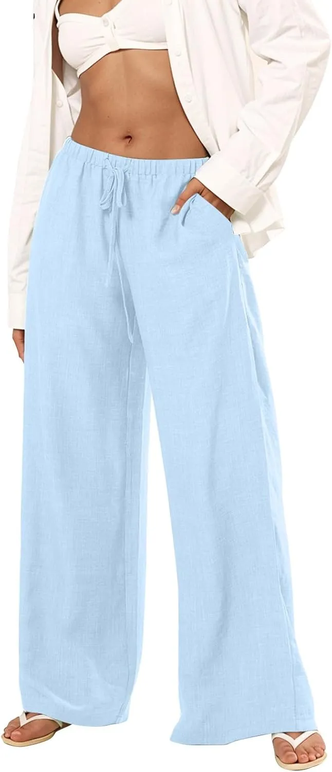 Women's Flowy Wide Leg Linen Pants Casual Beach Pants Elastic Waisted Drawstring Palazzo Trousers with Pockets