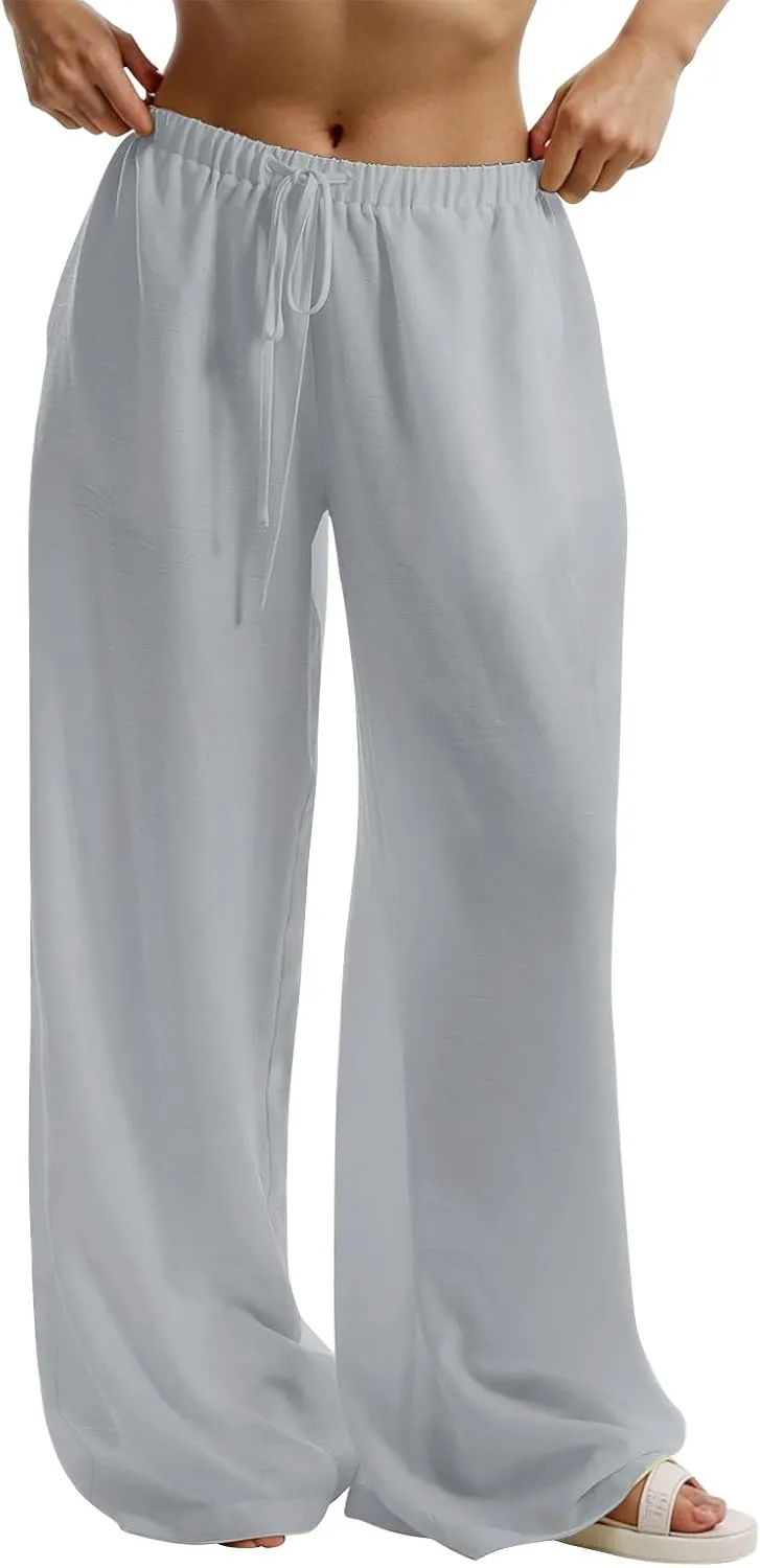 Women's Flowy Wide Leg Linen Pants Casual Beach Pants Elastic Waisted Drawstring Palazzo Trousers with Pockets