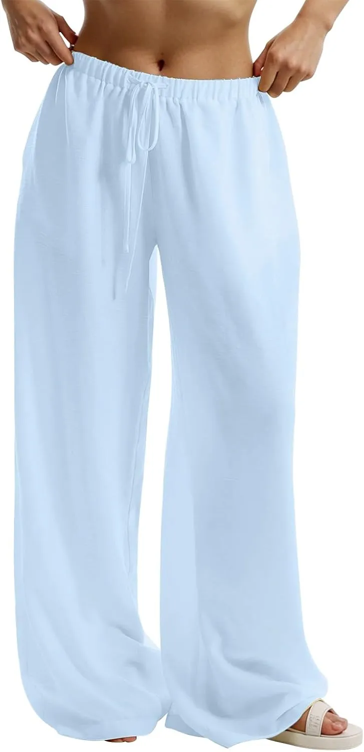 Women's Flowy Wide Leg Linen Pants Casual Beach Pants Elastic Waisted Drawstring Palazzo Trousers with Pockets