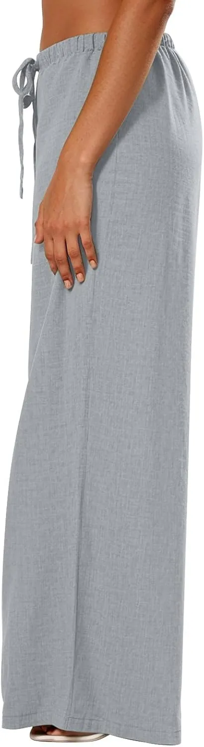 Women's Flowy Wide Leg Linen Pants Casual Beach Pants Elastic Waisted Drawstring Palazzo Trousers with Pockets