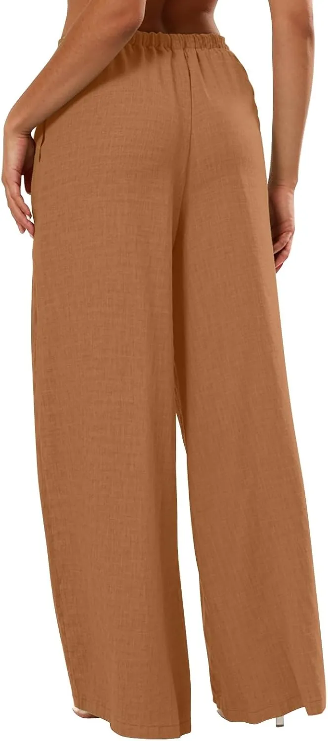 Women's Flowy Wide Leg Linen Pants Casual Beach Pants Elastic Waisted Drawstring Palazzo Trousers with Pockets