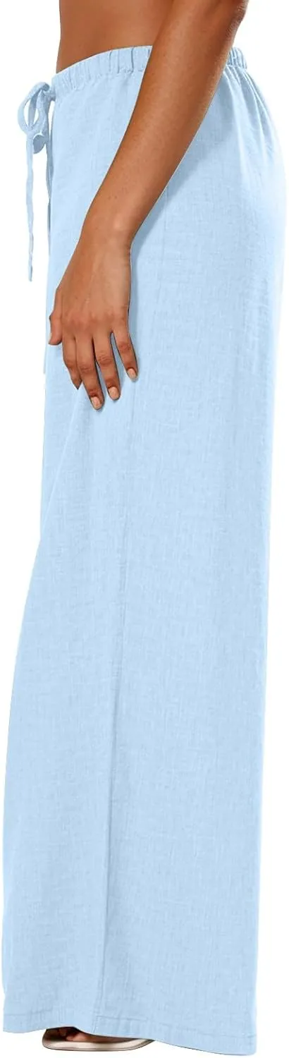 Women's Flowy Wide Leg Linen Pants Casual Beach Pants Elastic Waisted Drawstring Palazzo Trousers with Pockets