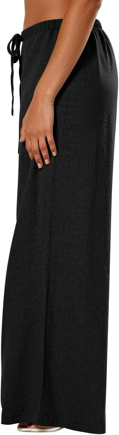 Women's Flowy Wide Leg Linen Pants Casual Beach Pants Elastic Waisted Drawstring Palazzo Trousers with Pockets