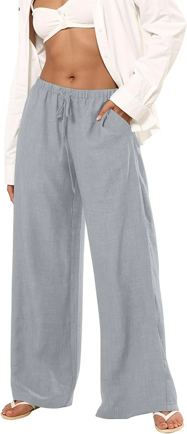 Women's Flowy Wide Leg Linen Pants Casual Beach Pants Elastic Waisted Drawstring Palazzo Trousers with Pockets