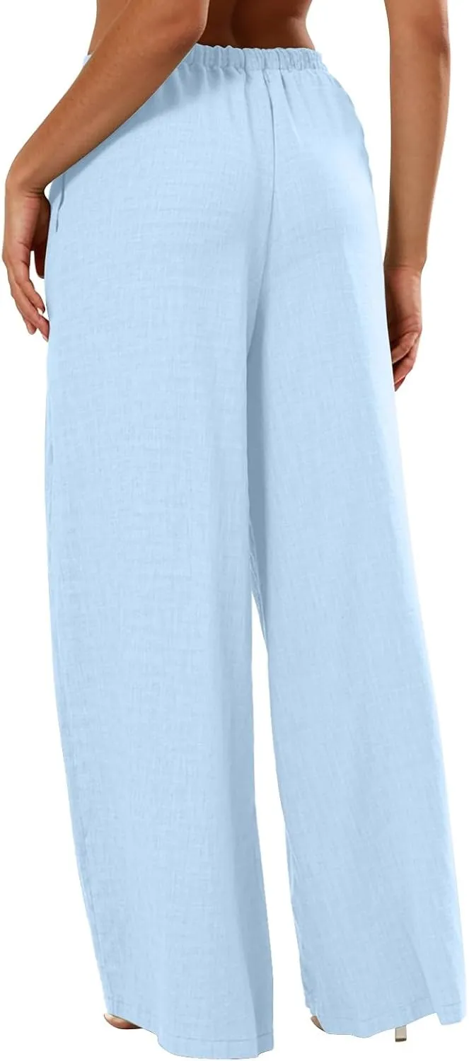 Women's Flowy Wide Leg Linen Pants Casual Beach Pants Elastic Waisted Drawstring Palazzo Trousers with Pockets