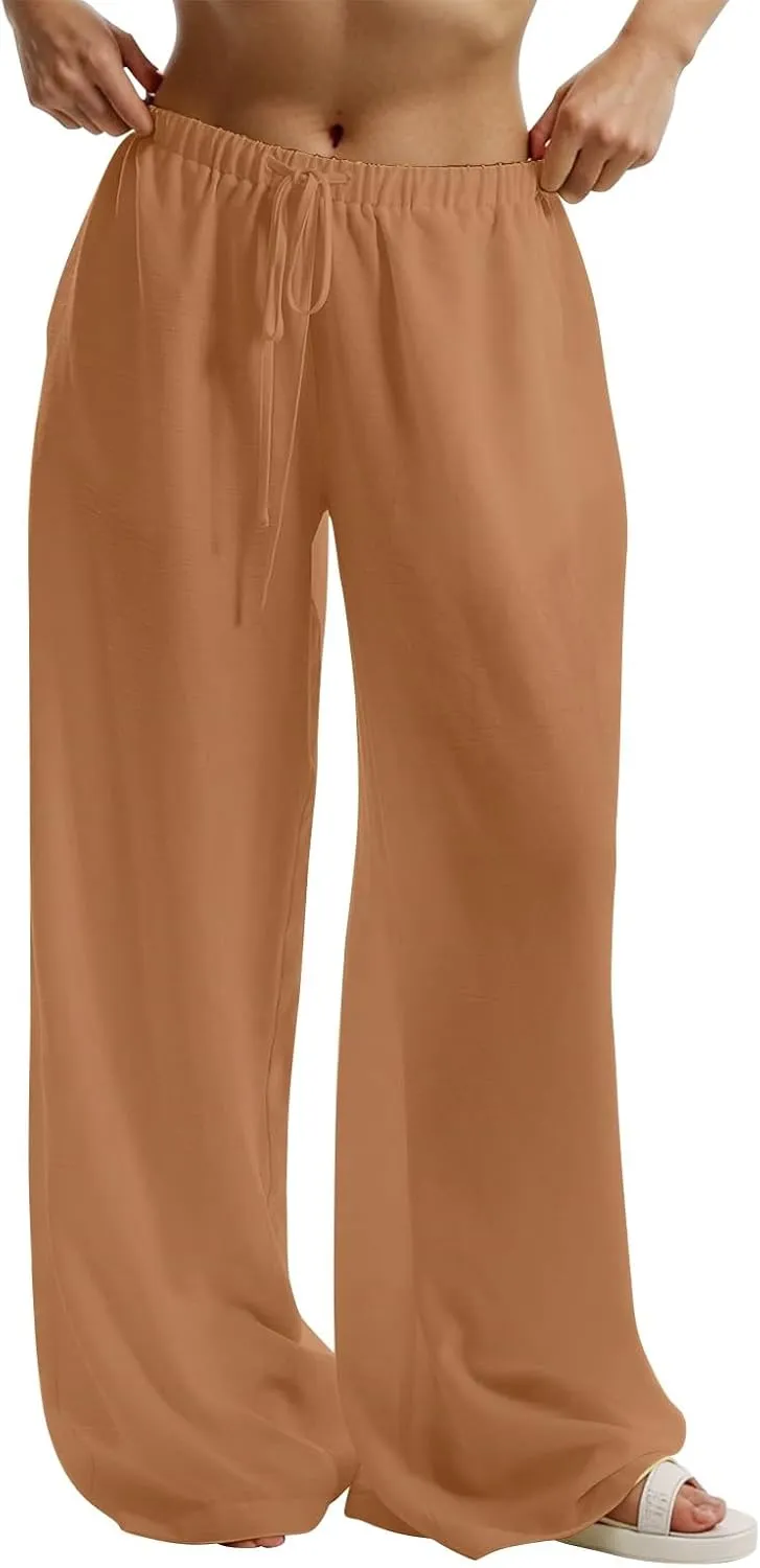 Women's Flowy Wide Leg Linen Pants Casual Beach Pants Elastic Waisted Drawstring Palazzo Trousers with Pockets