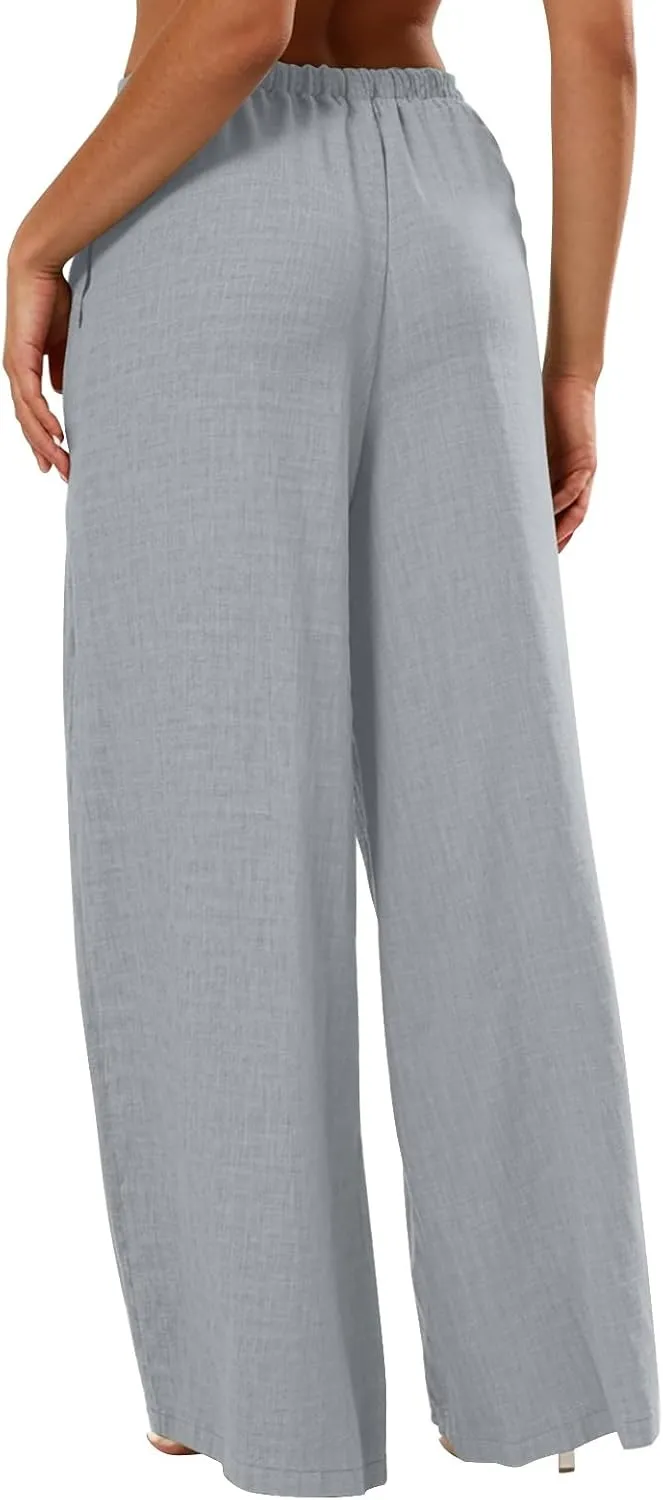 Women's Flowy Wide Leg Linen Pants Casual Beach Pants Elastic Waisted Drawstring Palazzo Trousers with Pockets