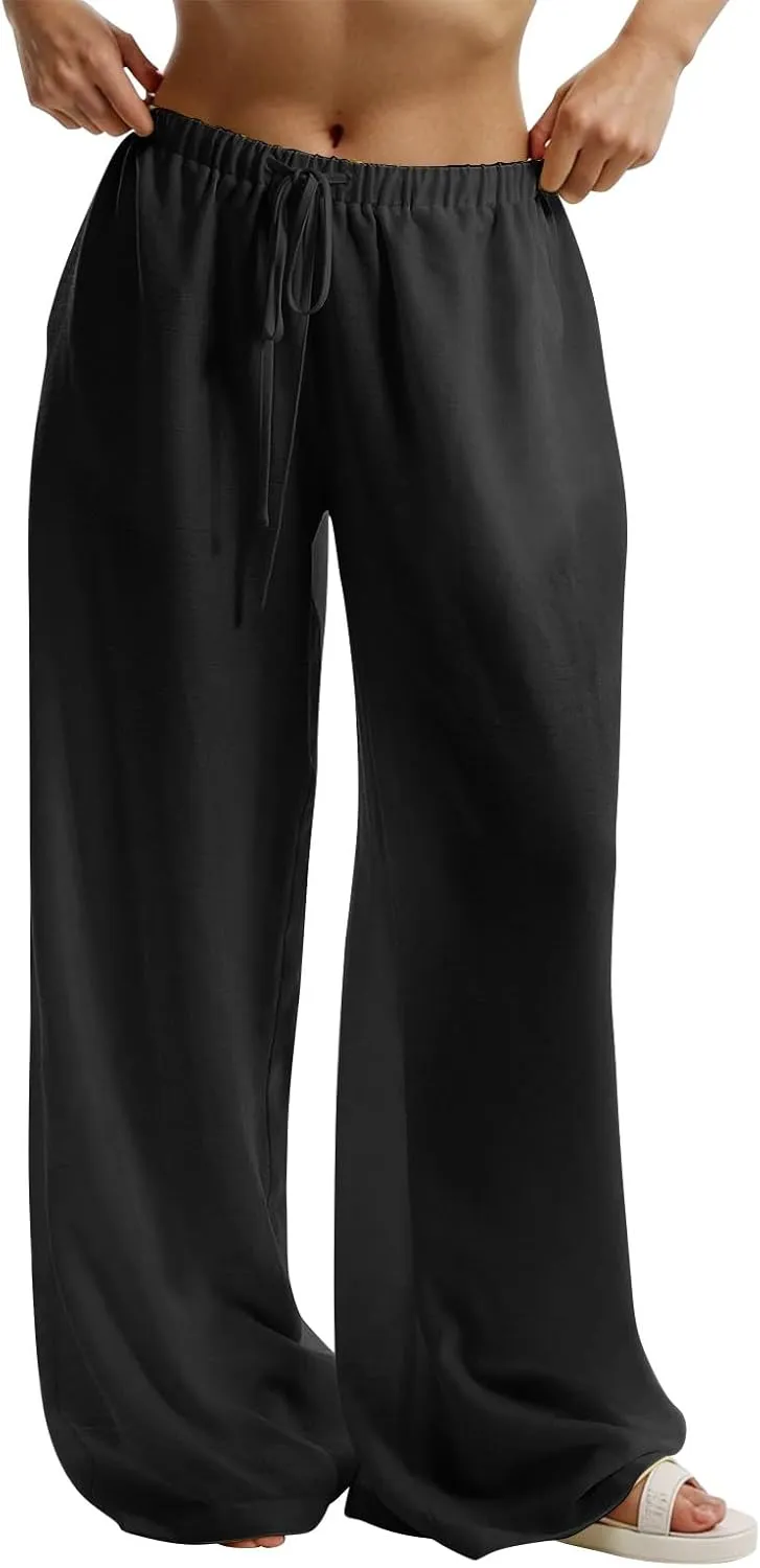 Women's Flowy Wide Leg Linen Pants Casual Beach Pants Elastic Waisted Drawstring Palazzo Trousers with Pockets