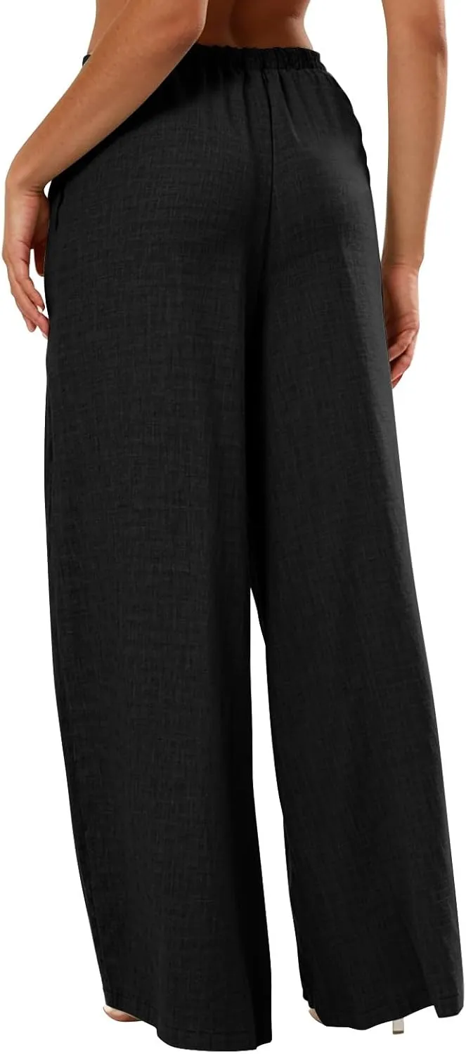 Women's Flowy Wide Leg Linen Pants Casual Beach Pants Elastic Waisted Drawstring Palazzo Trousers with Pockets