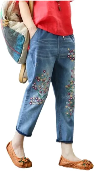 Womens Harem Capri Jeans Flowers Embroidery Vintage Ripped Holes Lace-Up Elastic High Waist Summer Casual Trousers