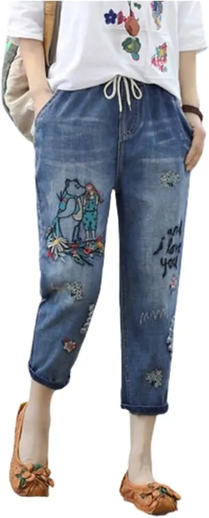 Womens Harem Capri Jeans Flowers Embroidery Vintage Ripped Holes Lace-Up Elastic High Waist Summer Casual Trousers