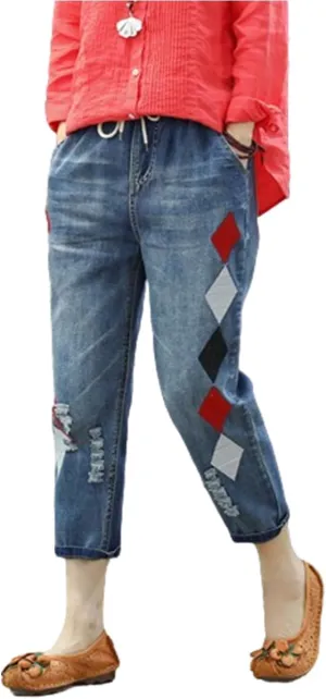 Womens Harem Capri Jeans Flowers Embroidery Vintage Ripped Holes Lace-Up Elastic High Waist Summer Casual Trousers