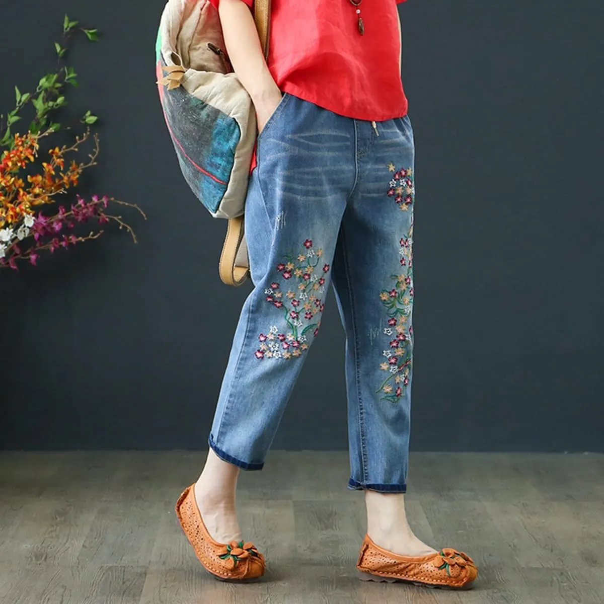 Womens Harem Capri Jeans Flowers Embroidery Vintage Ripped Holes Lace-Up Elastic High Waist Summer Casual Trousers