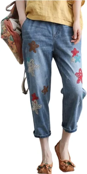 Womens Harem Capri Jeans Flowers Embroidery Vintage Ripped Holes Lace-Up Elastic High Waist Summer Casual Trousers