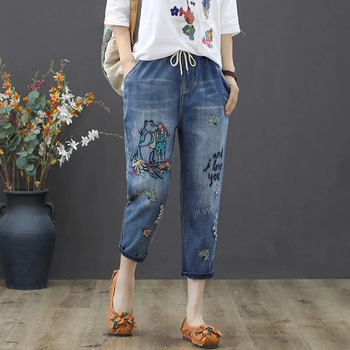 Womens Harem Capri Jeans Flowers Embroidery Vintage Ripped Holes Lace-Up Elastic High Waist Summer Casual Trousers