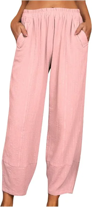 Women's High Waist Pants Drawstring Cargo Capri Pants Pockets Drawstring Causal Palazzo Pants Trousers with Pockets