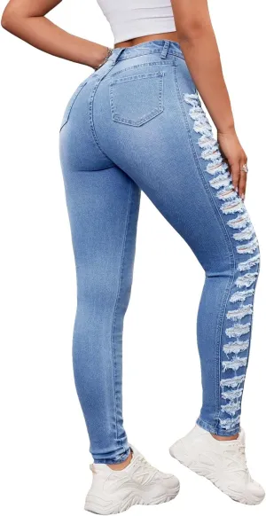 Women's High Waist Zipper Casual Ripped Jeans Pants Trousers Skinny Denim Pants with Pocket