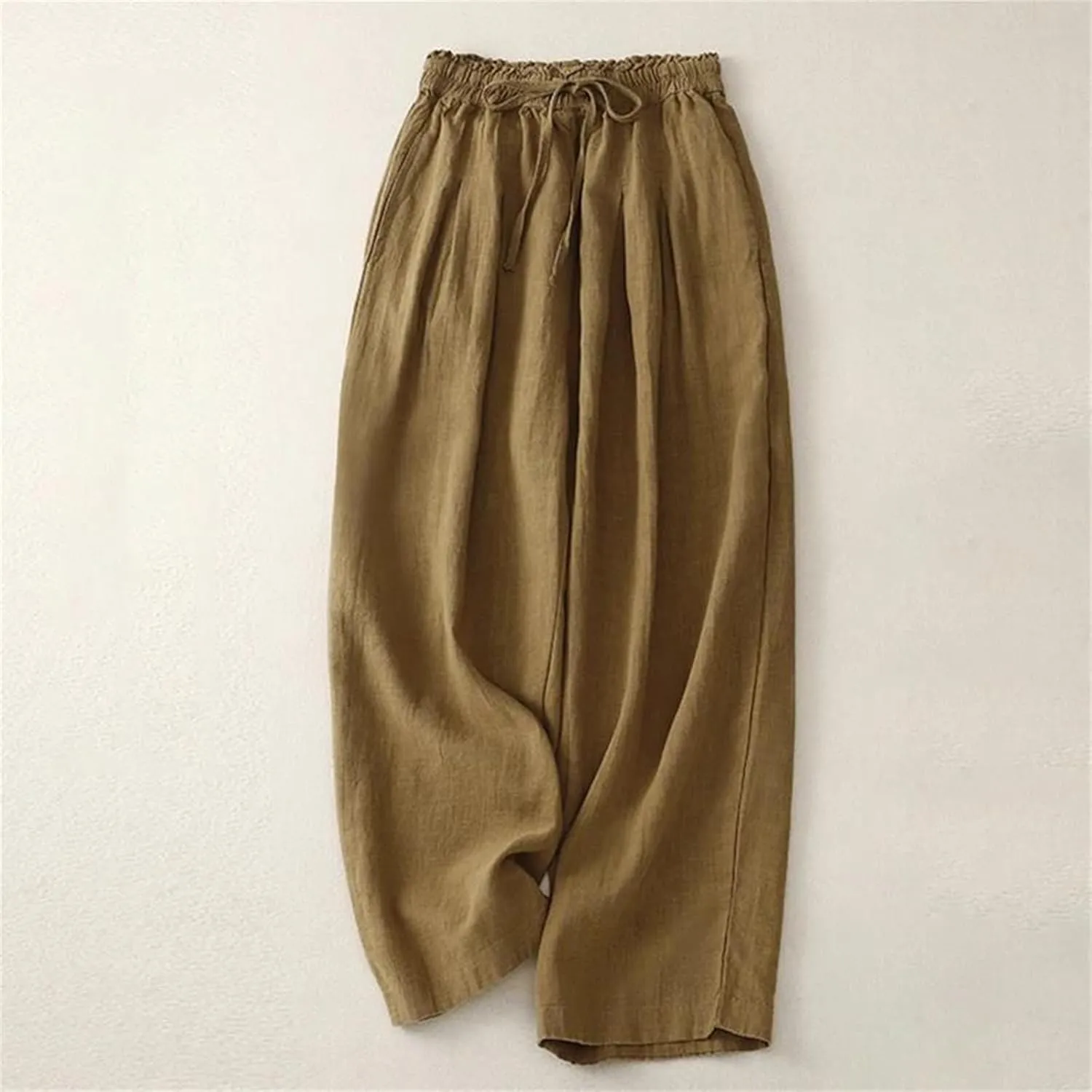 Women's High-Waisted Cotton Linen Wide-Legged Pants  Loose Summer Lightweight Drawstring Waist Casual Trousers