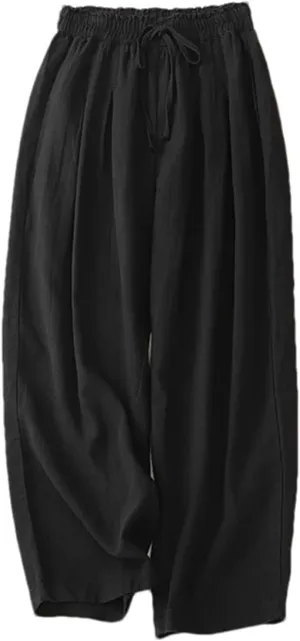 Women's High-Waisted Cotton Linen Wide-Legged Pants  Loose Summer Lightweight Drawstring Waist Casual Trousers