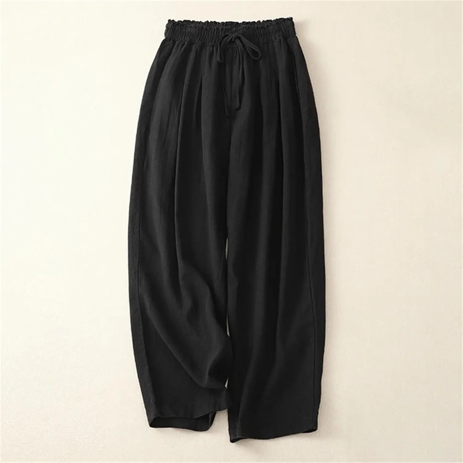 Women's High-Waisted Cotton Linen Wide-Legged Pants  Loose Summer Lightweight Drawstring Waist Casual Trousers