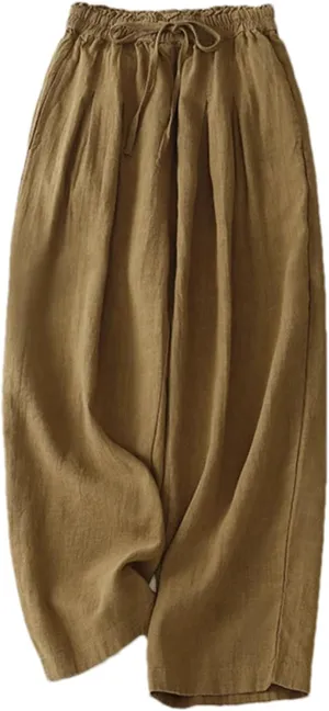 Women's High-Waisted Cotton Linen Wide-Legged Pants  Loose Summer Lightweight Drawstring Waist Casual Trousers