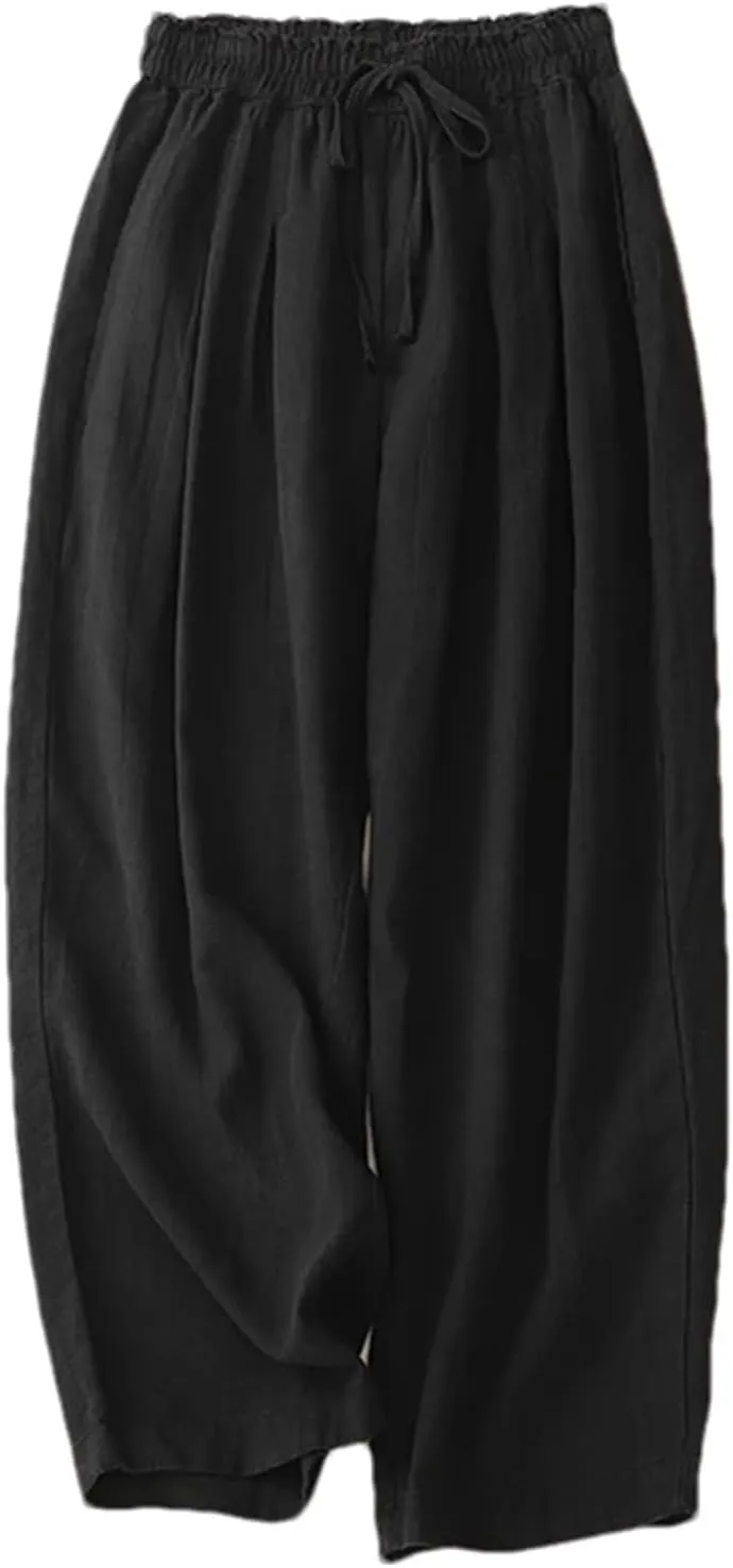 Women's High-Waisted Cotton Linen Wide-Legged Pants  Loose Summer Lightweight Drawstring Waist Casual Trousers