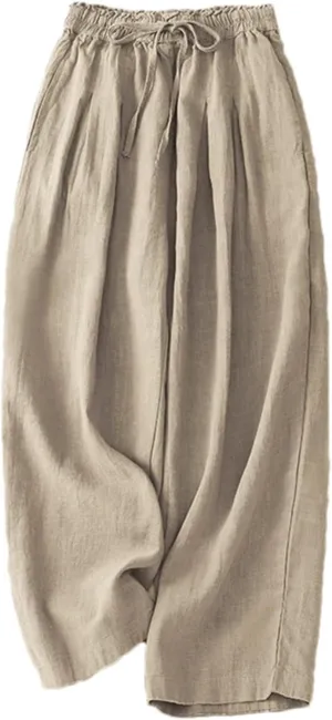 Women's High-Waisted Cotton Linen Wide-Legged Pants  Loose Summer Lightweight Drawstring Waist Casual Trousers