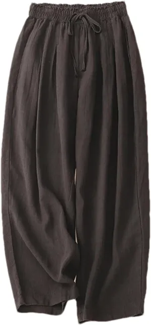 Women's High-Waisted Cotton Linen Wide-Legged Pants  Loose Summer Lightweight Drawstring Waist Casual Trousers