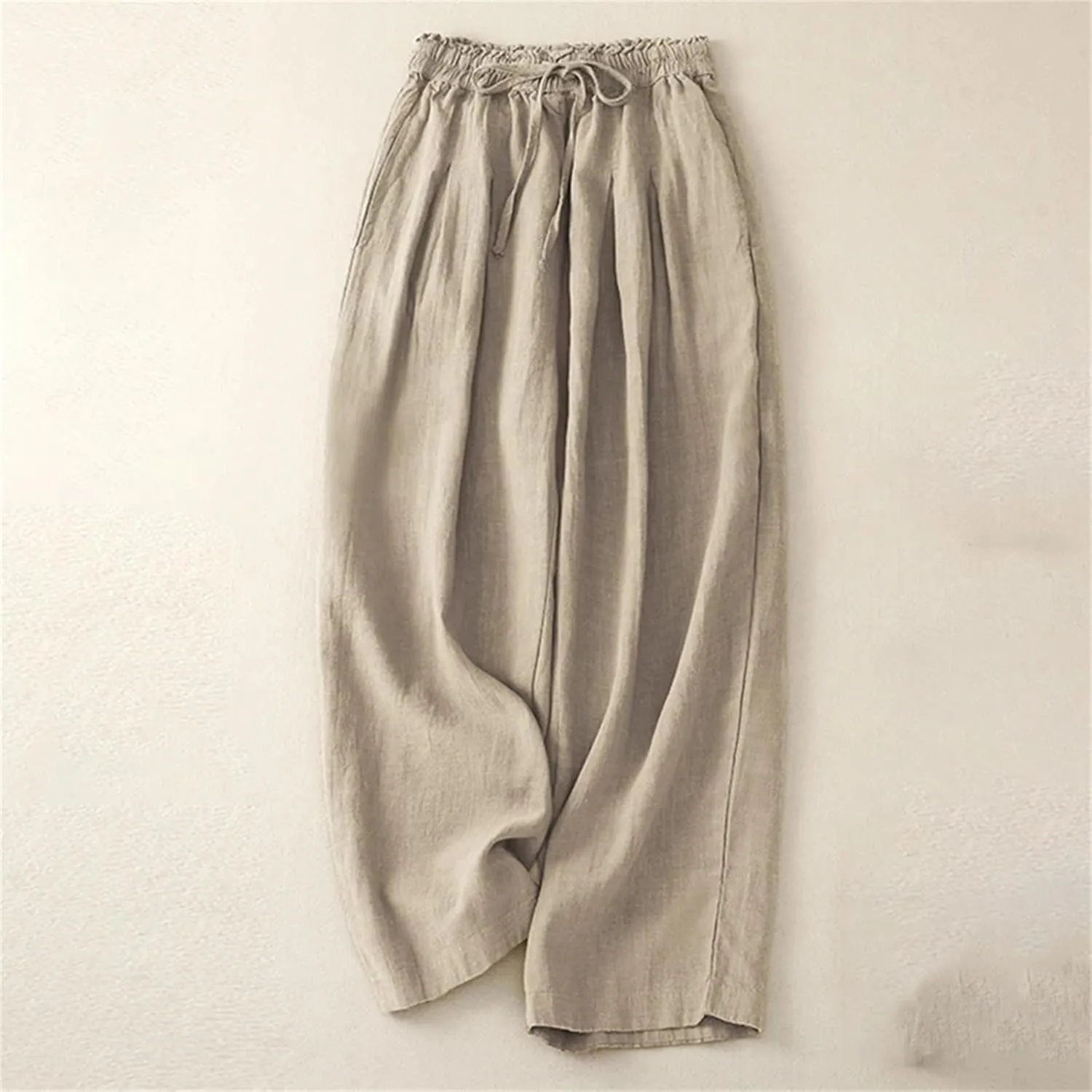 Women's High-Waisted Cotton Linen Wide-Legged Pants  Loose Summer Lightweight Drawstring Waist Casual Trousers