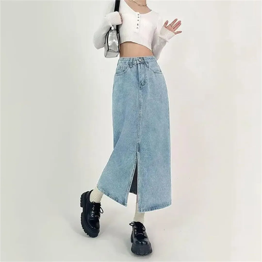 Women's High-Waisted Slit A-Line Denim Skirt Casual Vintage Jeans Skirt