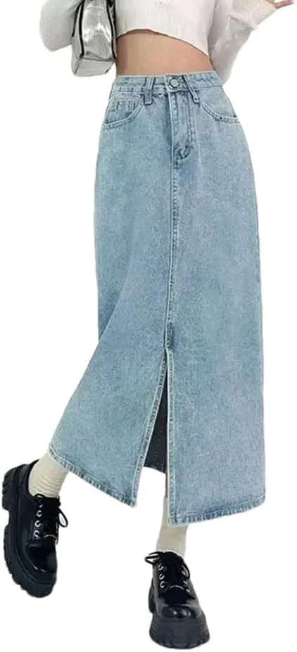Women's High-Waisted Slit A-Line Denim Skirt Casual Vintage Jeans Skirt