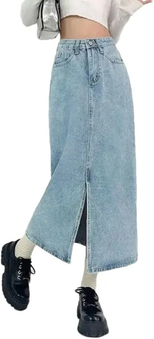 Women's High-Waisted Slit A-Line Denim Skirt Casual Vintage Jeans Skirt