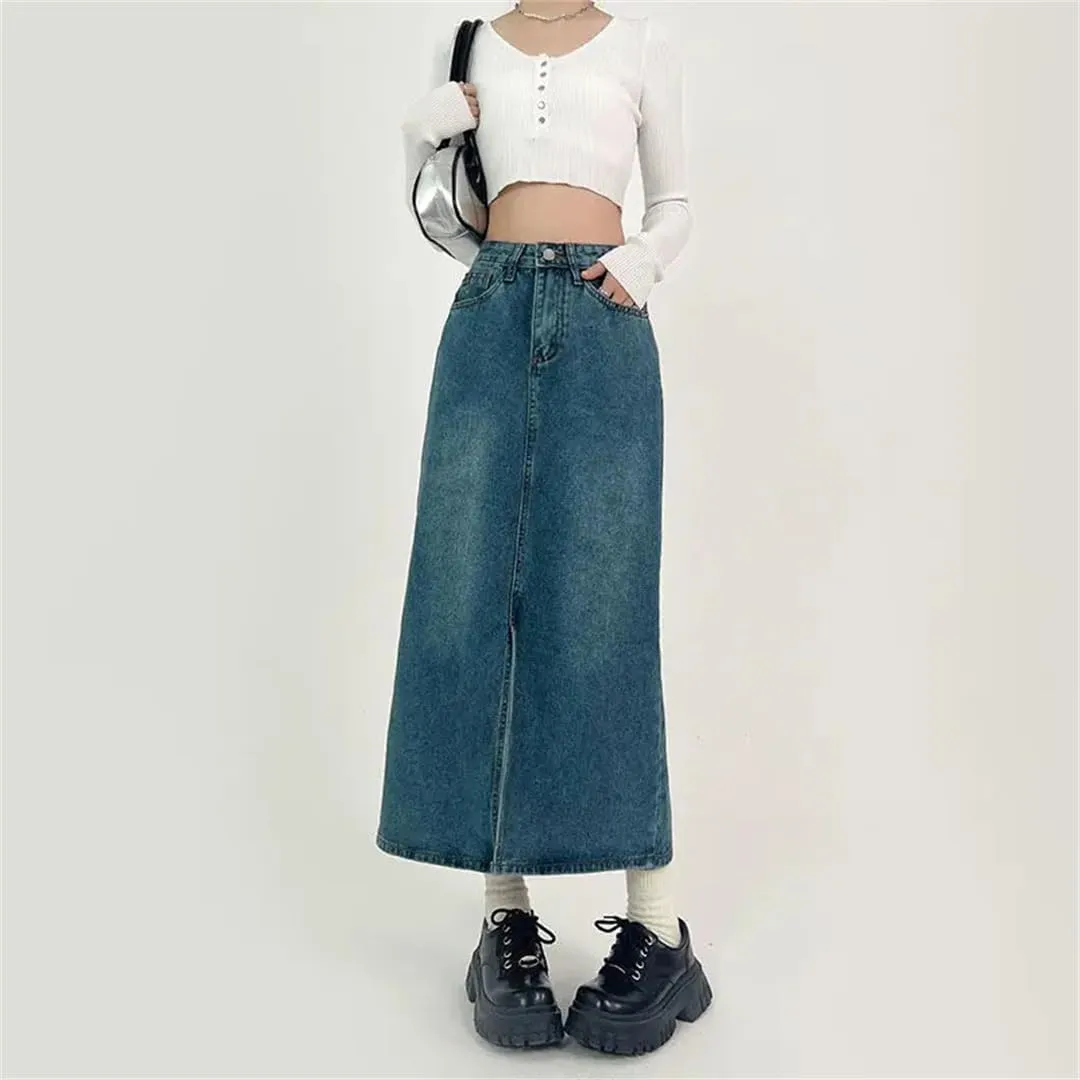 Women's High-Waisted Slit A-Line Denim Skirt Casual Vintage Jeans Skirt
