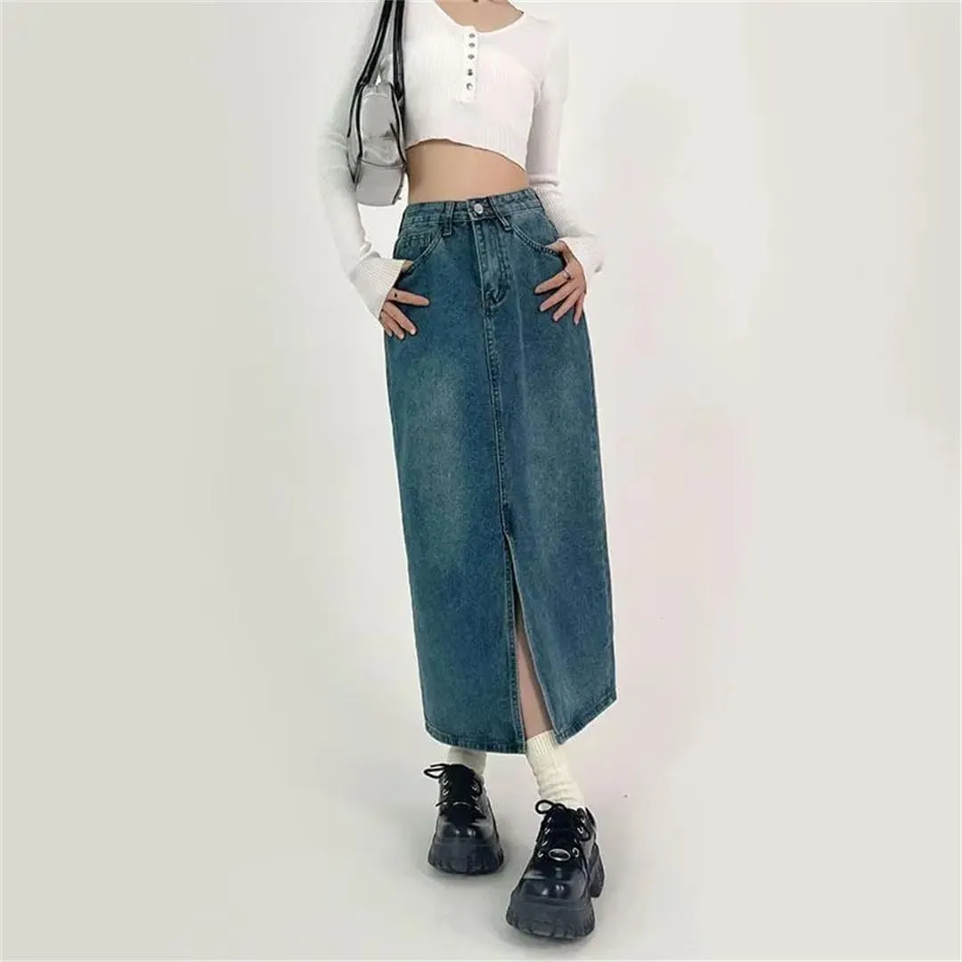 Women's High-Waisted Slit A-Line Denim Skirt Casual Vintage Jeans Skirt