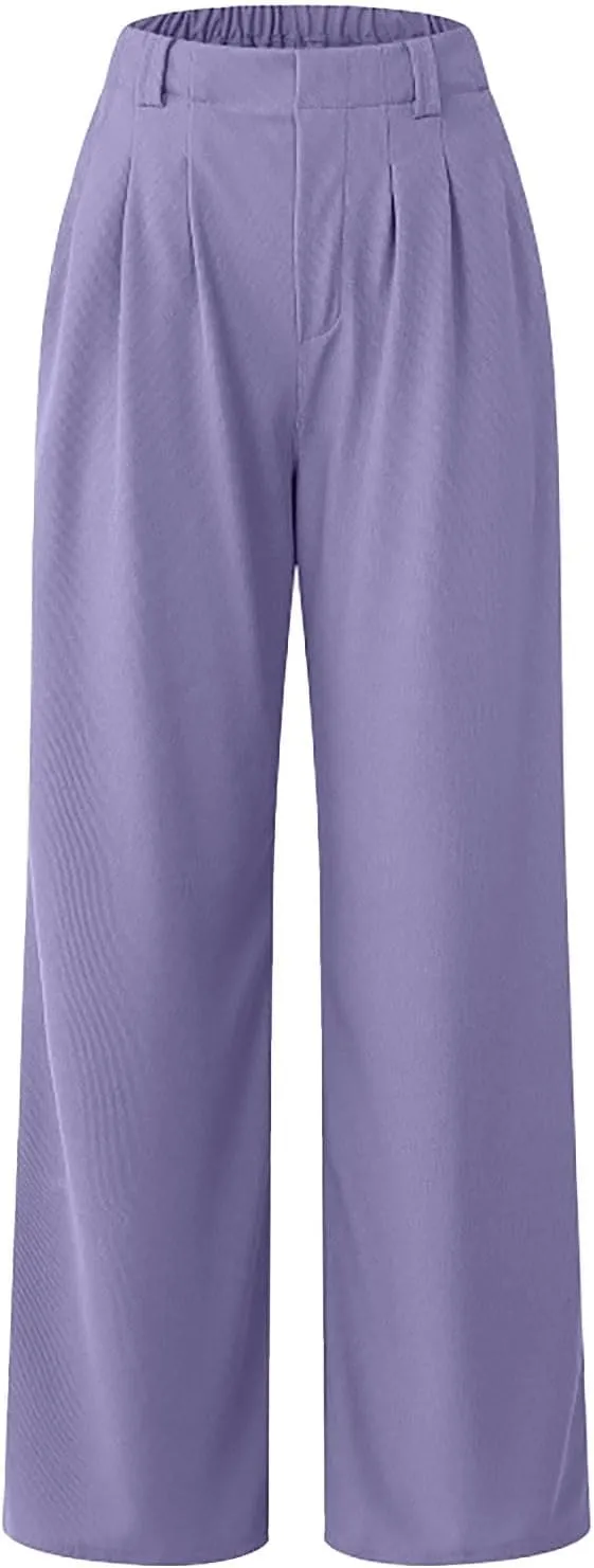 Women's Knit Wide-Leg Pants Summer Waffle Elastic High Waist Soft Palazzo Pants Loose-Fit Flowy Trousers with Pockets