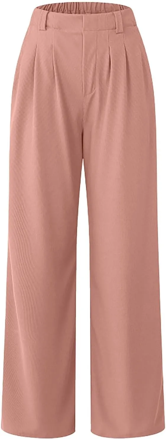 Women's Knit Wide-Leg Pants Summer Waffle Elastic High Waist Soft Palazzo Pants Loose-Fit Flowy Trousers with Pockets