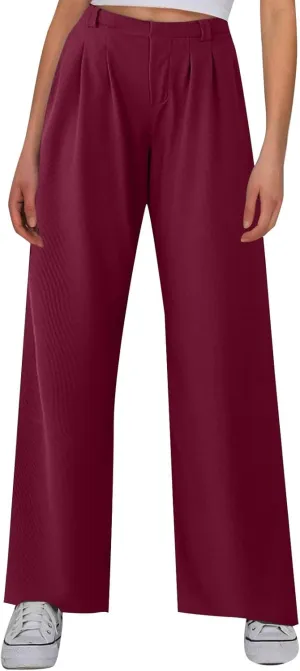 Women's Knit Wide-Leg Pants Summer Waffle Elastic High Waist Soft Palazzo Pants Loose-Fit Flowy Trousers with Pockets