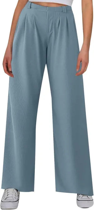 Women's Knit Wide-Leg Pants Summer Waffle Elastic High Waist Soft Palazzo Pants Loose-Fit Flowy Trousers with Pockets