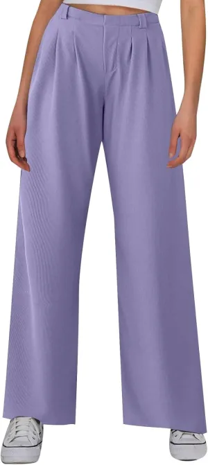 Women's Knit Wide-Leg Pants Summer Waffle Elastic High Waist Soft Palazzo Pants Loose-Fit Flowy Trousers with Pockets