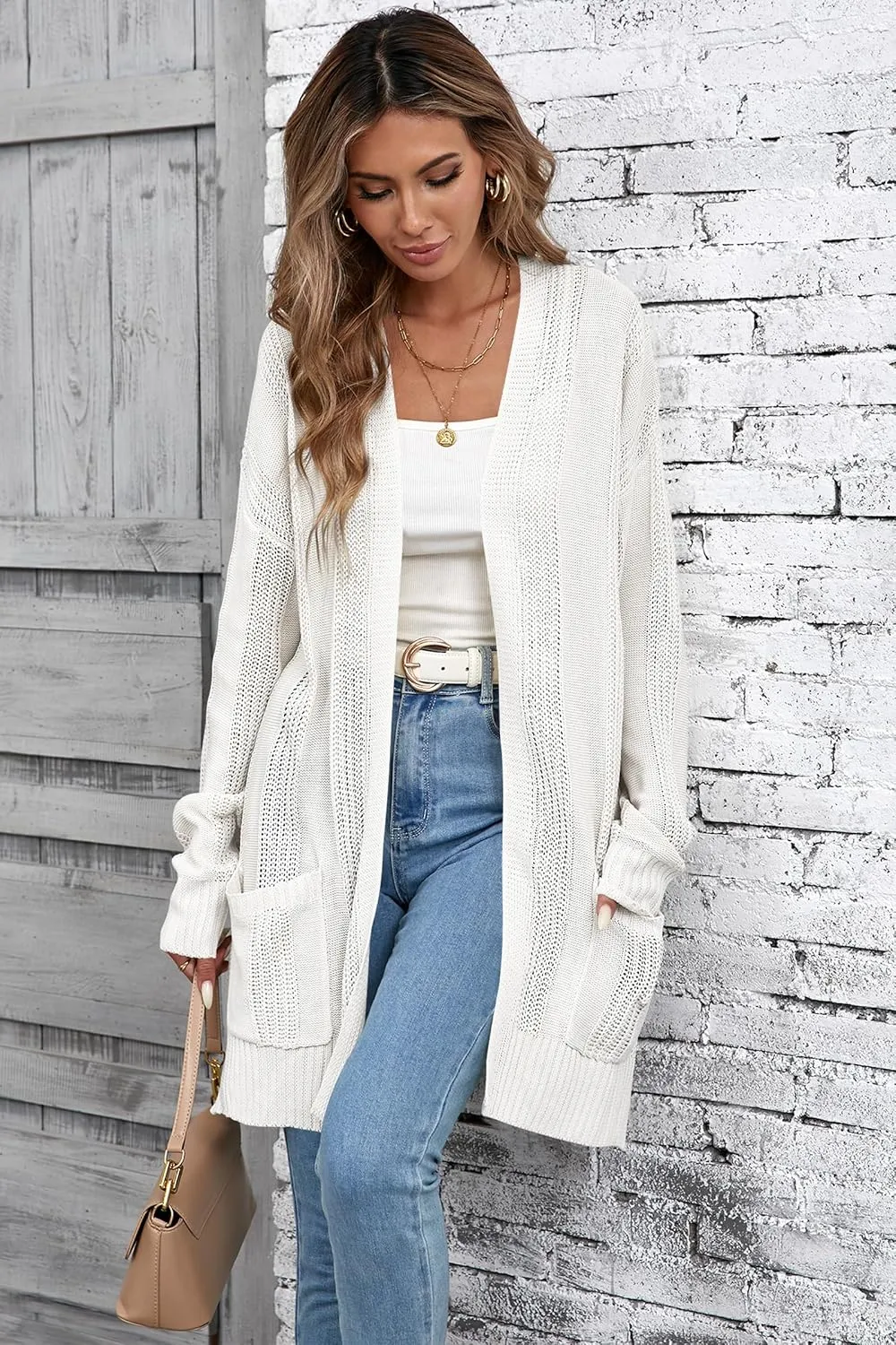 Womens Lightweight Hollow Out Crochet Knit Cardigan Drop Shoulder Loose Cardigan Sweaters