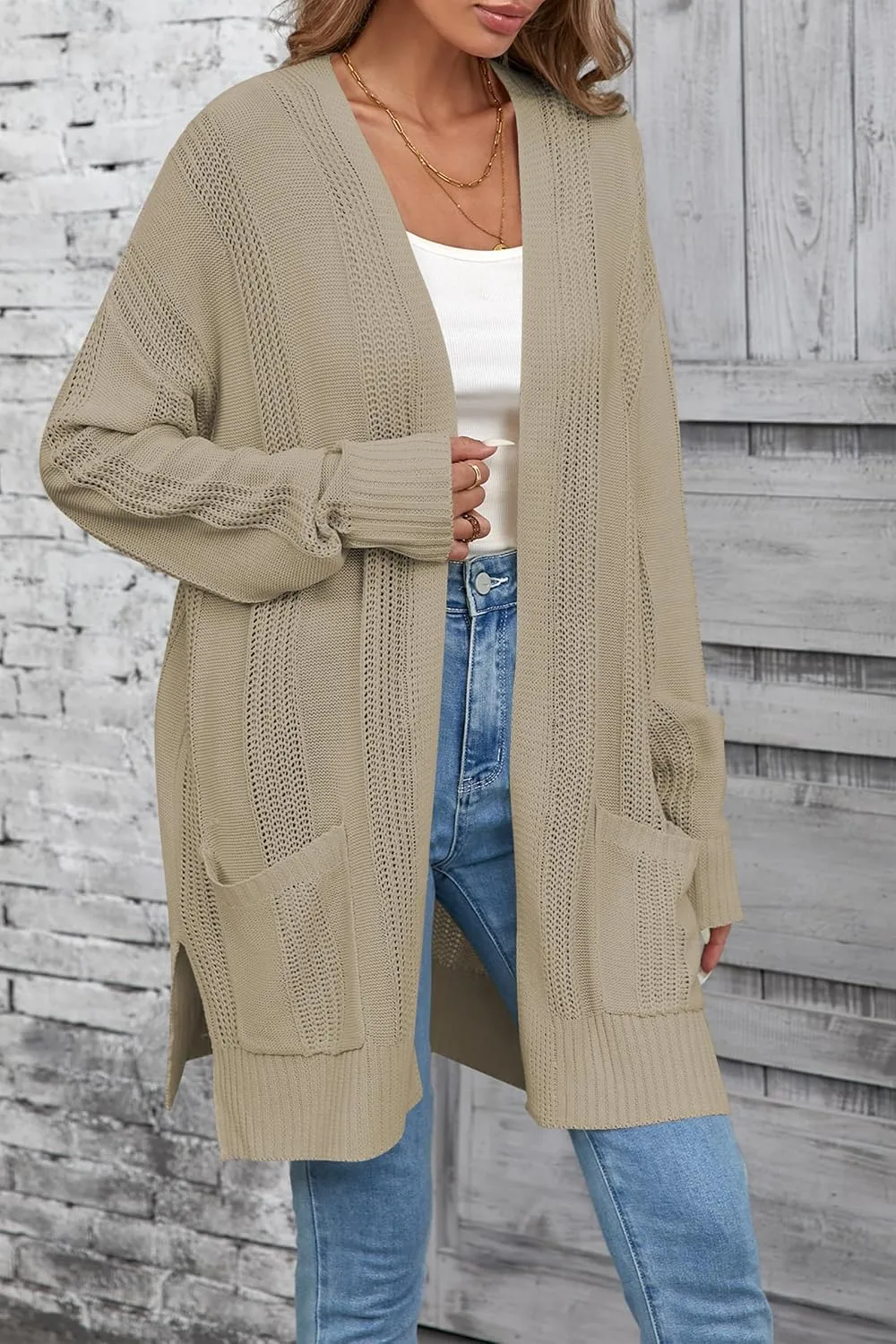Womens Lightweight Hollow Out Crochet Knit Cardigan Drop Shoulder Loose Cardigan Sweaters