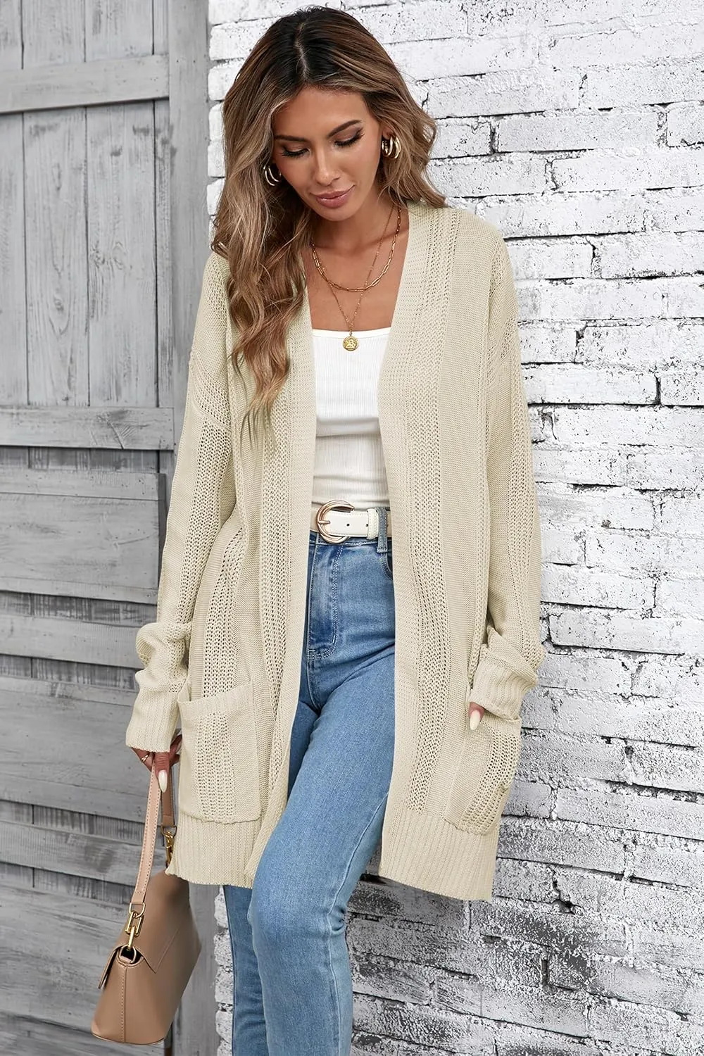 Womens Lightweight Hollow Out Crochet Knit Cardigan Drop Shoulder Loose Cardigan Sweaters