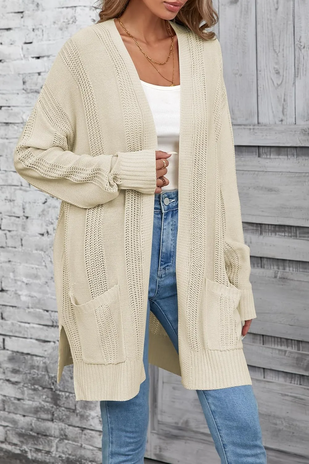 Womens Lightweight Hollow Out Crochet Knit Cardigan Drop Shoulder Loose Cardigan Sweaters