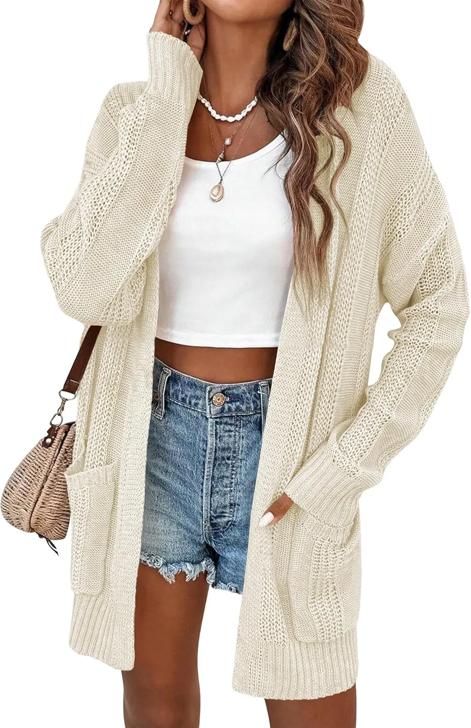 Womens Lightweight Hollow Out Crochet Knit Cardigan Drop Shoulder Loose Cardigan Sweaters