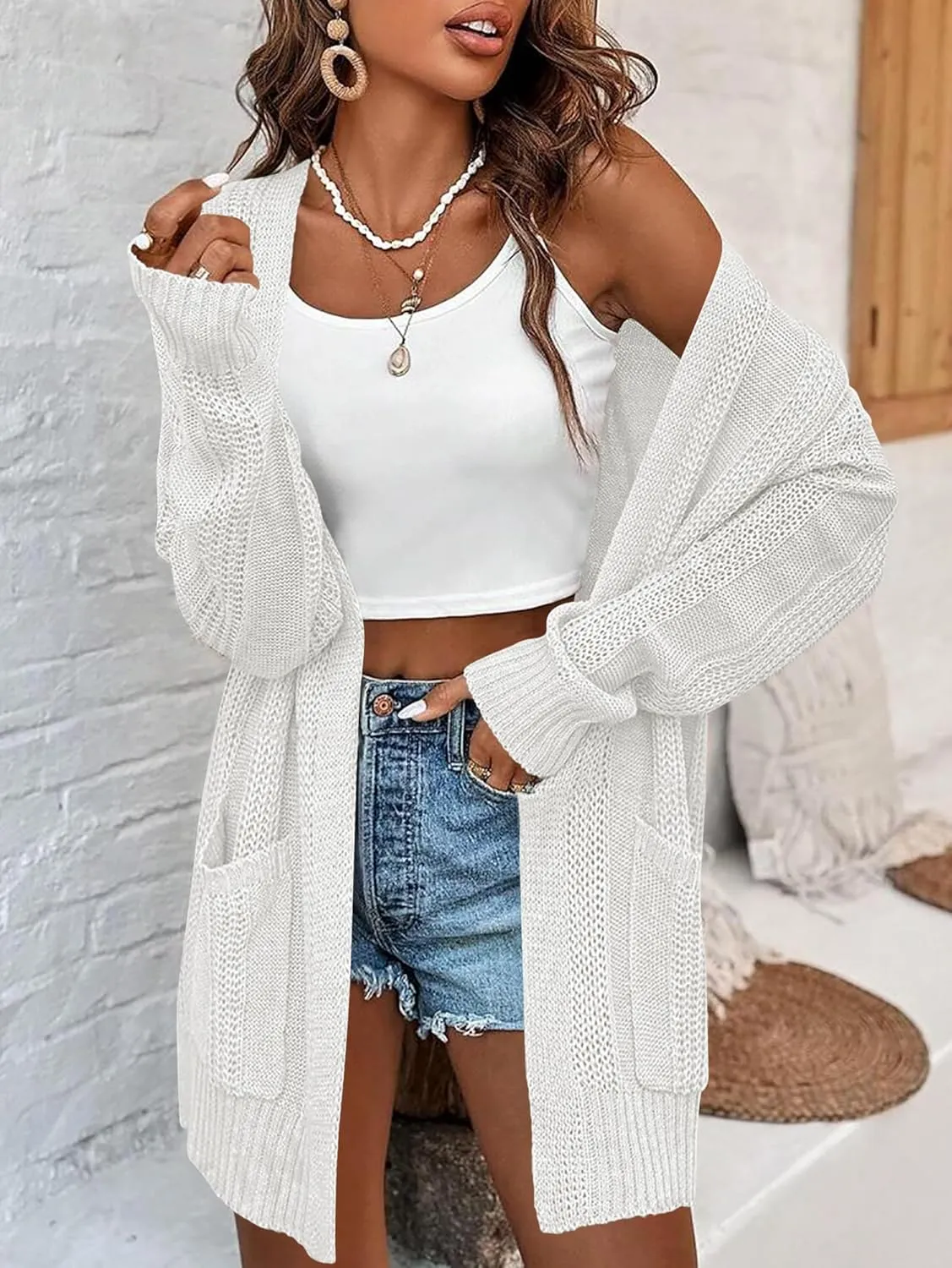 Womens Lightweight Hollow Out Crochet Knit Cardigan Drop Shoulder Loose Cardigan Sweaters