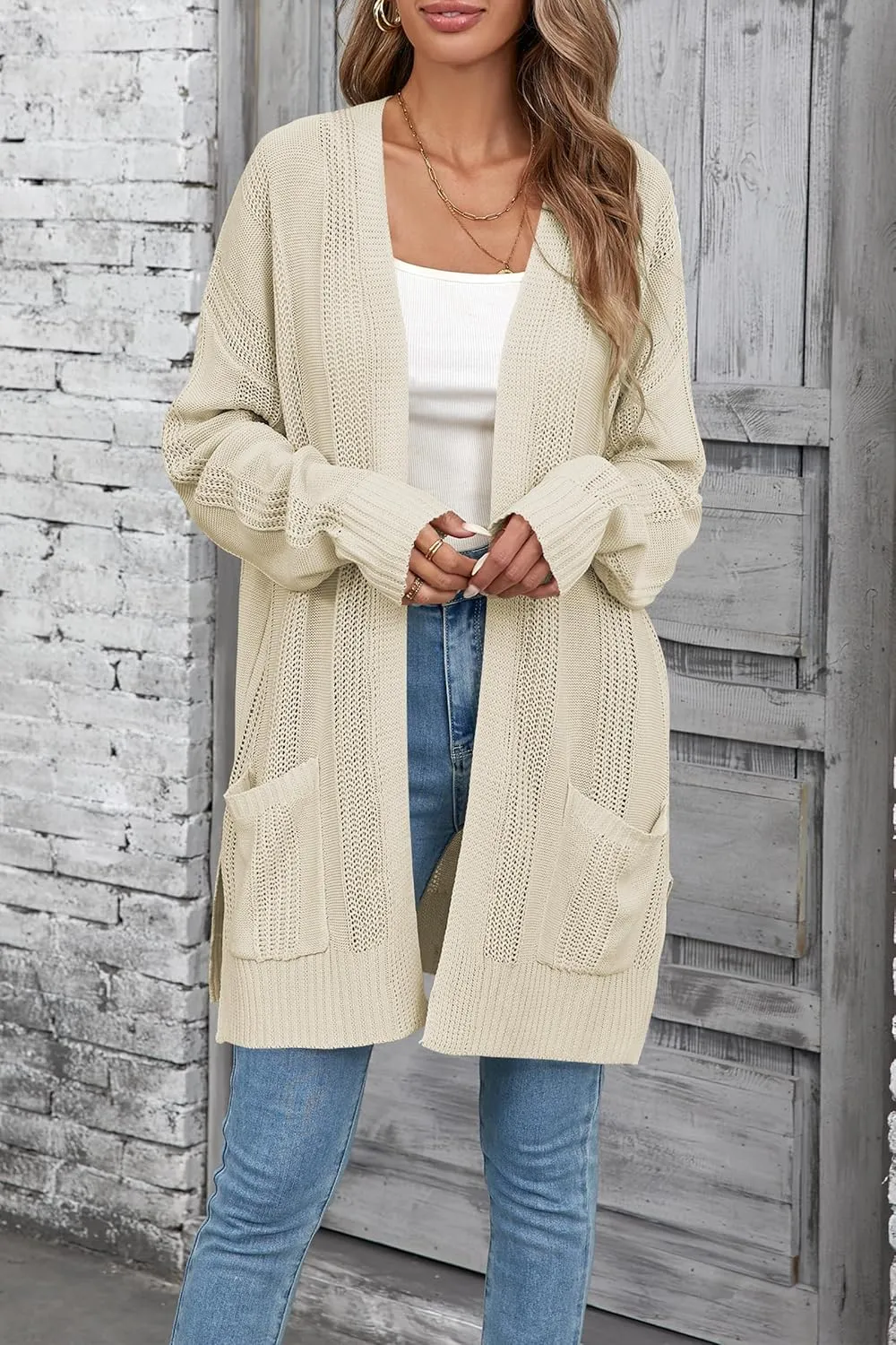 Womens Lightweight Hollow Out Crochet Knit Cardigan Drop Shoulder Loose Cardigan Sweaters