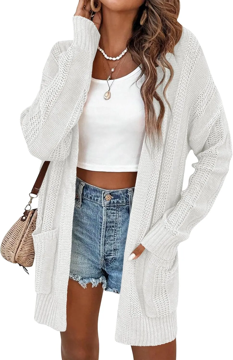 Womens Lightweight Hollow Out Crochet Knit Cardigan Drop Shoulder Loose Cardigan Sweaters